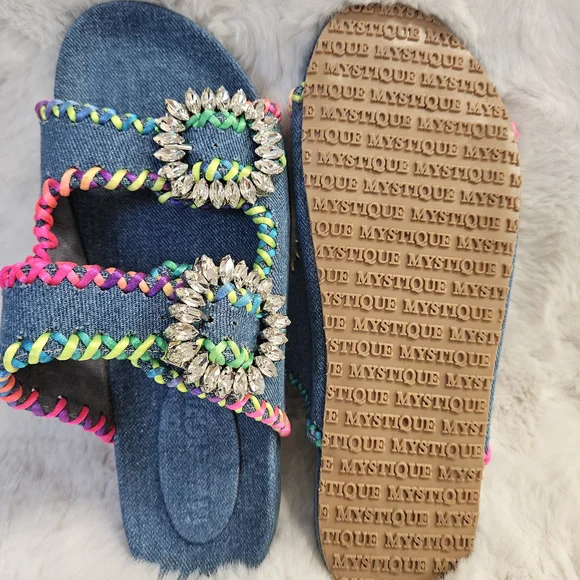 Mystique Luxury Denim Slides Sandals Crystal Buckle Size 8.5 (Fit 8-8.5) NWOB - Picture 6 of 13